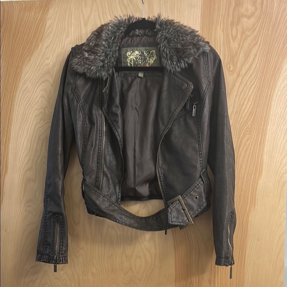 Women's Black Faux Leather Jacket with Fur Collar
